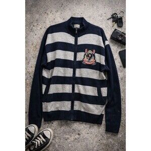 Y2K PJ Mark Full Zip Sweater XL Rugby Patch Striped Knit Grunge Skater Aesthetic